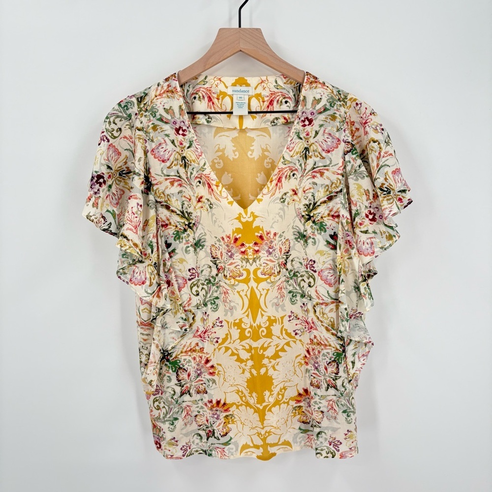 Sundance Floral Rayon Flutter Sleeve‎ Blouse XS